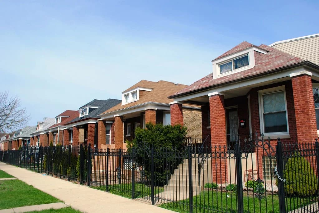 Row of brick bungalows on a Chicago residential street
