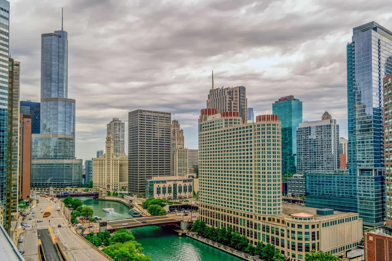 The Chicago River winding past downtown high-rises